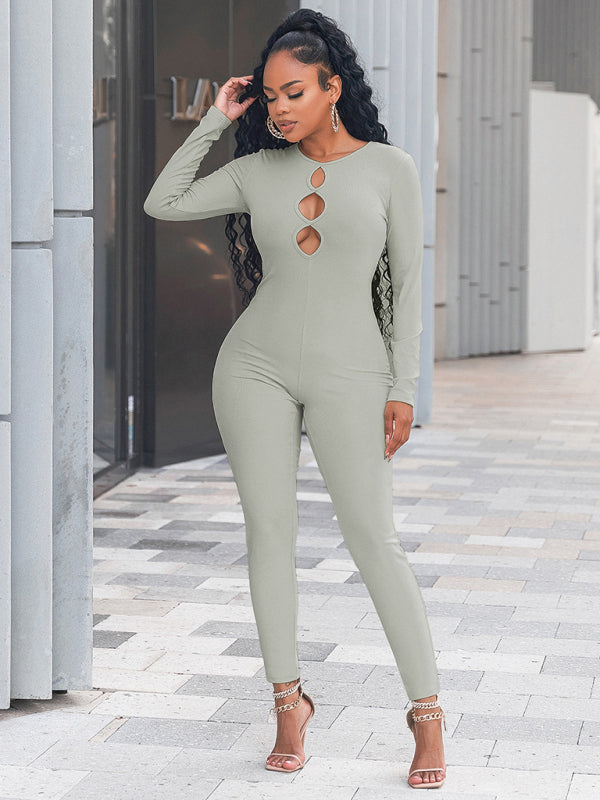 Women's solid color slim fit hip lifting Jumpsuit – closeup view