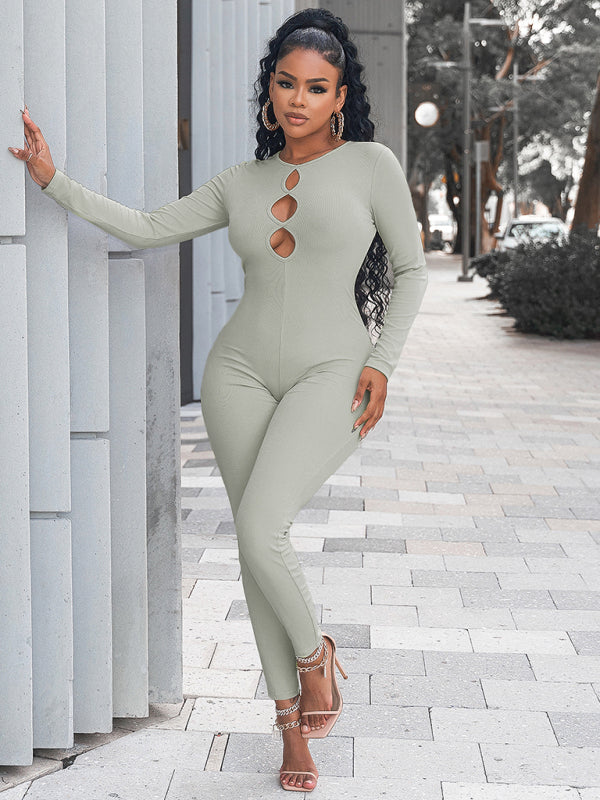 Women's solid color slim fit hip lifting Jumpsuit – detail view