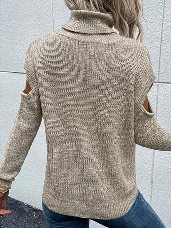 Women's Turtleneck Long Sleeve Solid Color Cutout Off Shoulder Sweater - Closther