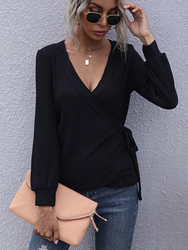 Slim Fit Black Pullover Long Sleeve V-Neck Sweater - Closther