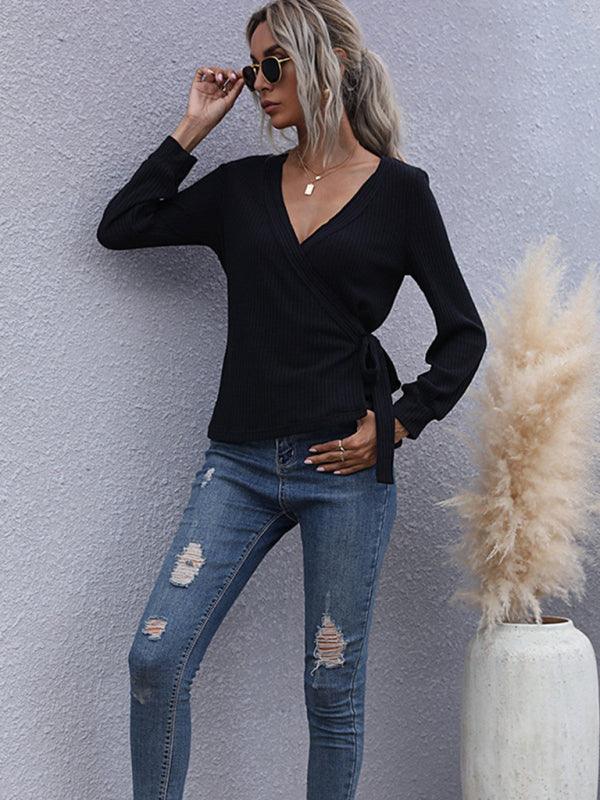 Slim Fit Black Pullover Long Sleeve V-Neck Sweater - Closther