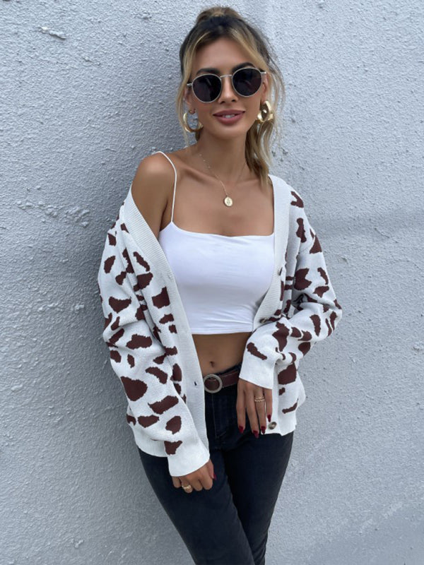 women's wind leopard print v-neck knitted sweater coat - Closther