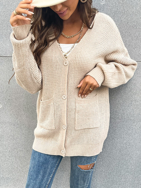 women's button pocket cardigan knitted sweater coat - Closther