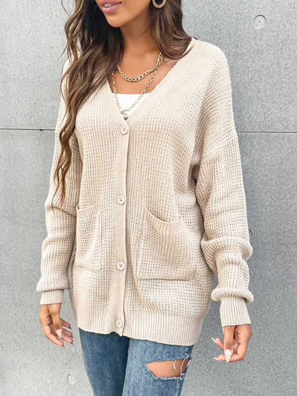 women's button pocket cardigan knitted sweater coat - Closther