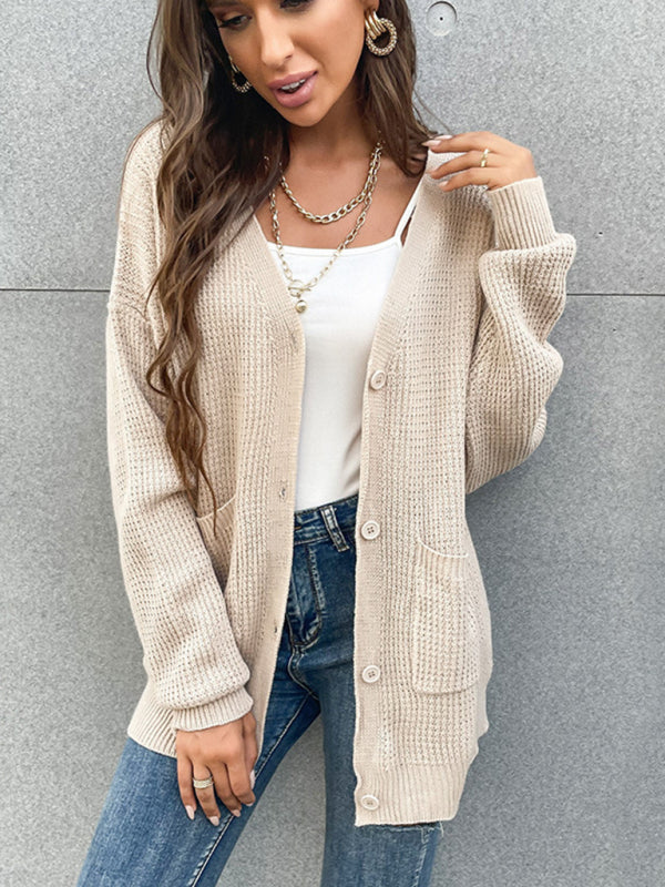 women's button pocket cardigan knitted sweater coat - Closther