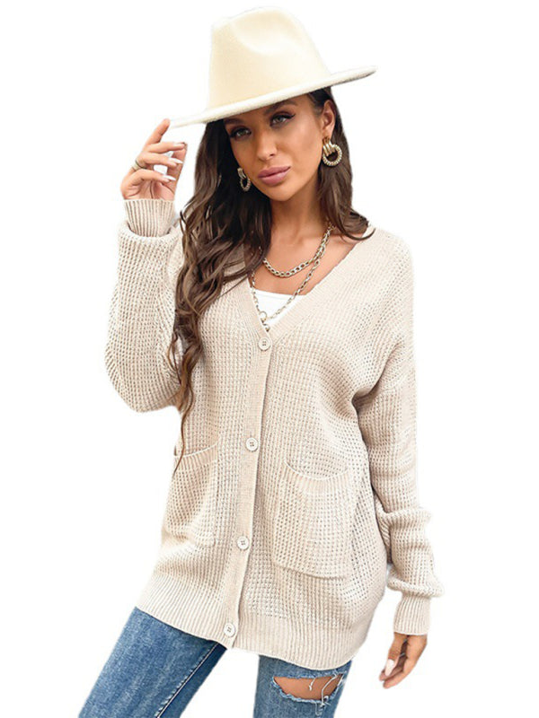 women's button pocket cardigan knitted sweater coat - Closther