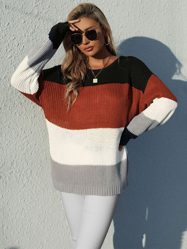 Women's Casual Long Sleeve Mid Length Contrast Sweater - Closther