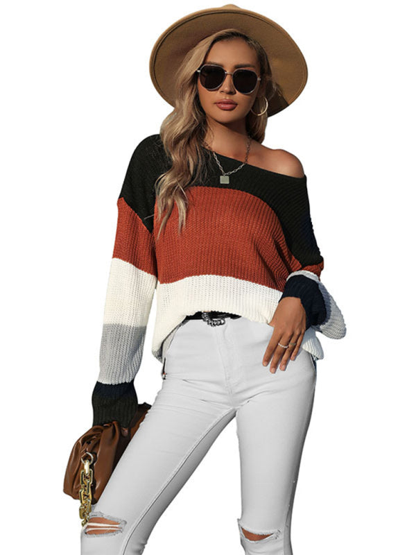 Women's Casual Long Sleeve Mid Length Contrast Sweater - Closther