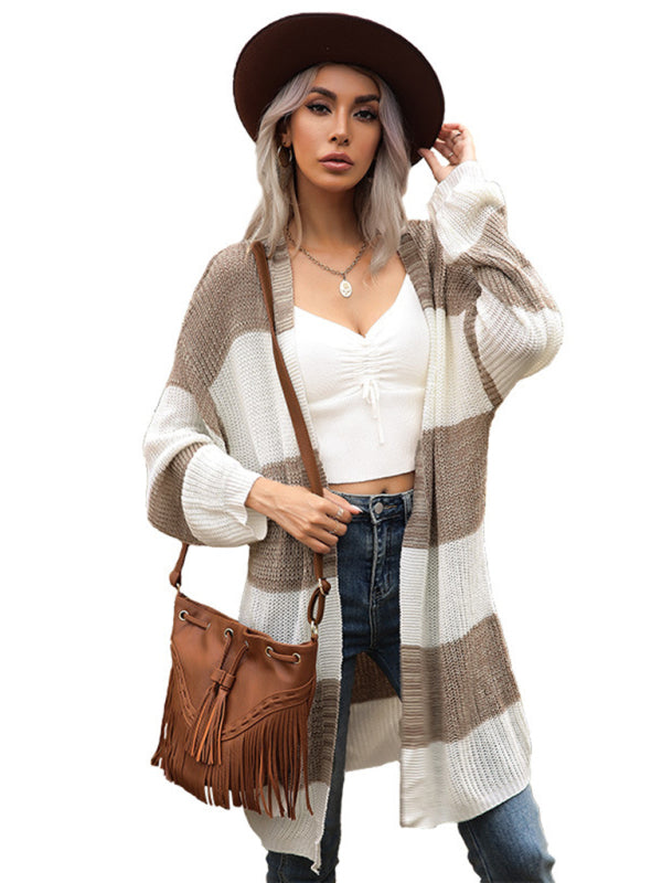 women's long stitched long sleeve knitted sweater coat - Closther