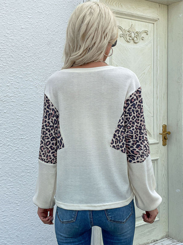 loose crew neck bottoming leopard print knitted sweater - Closther