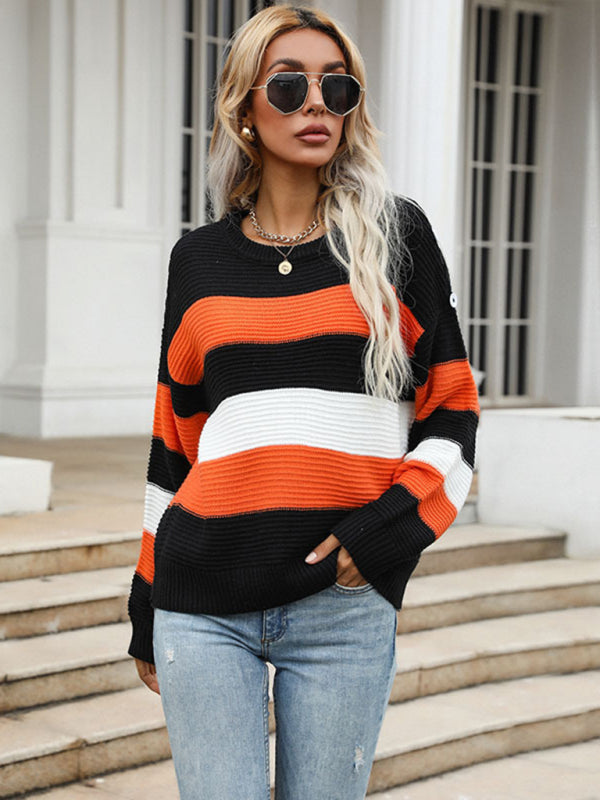 women's thin long sleeve loose striped knitted sweater - Closther