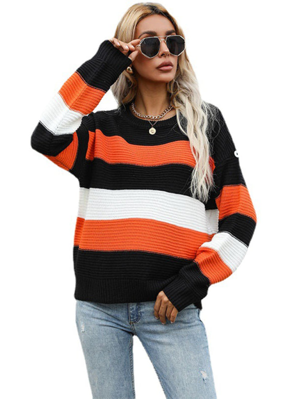 women's thin long sleeve loose striped knitted sweater - Closther