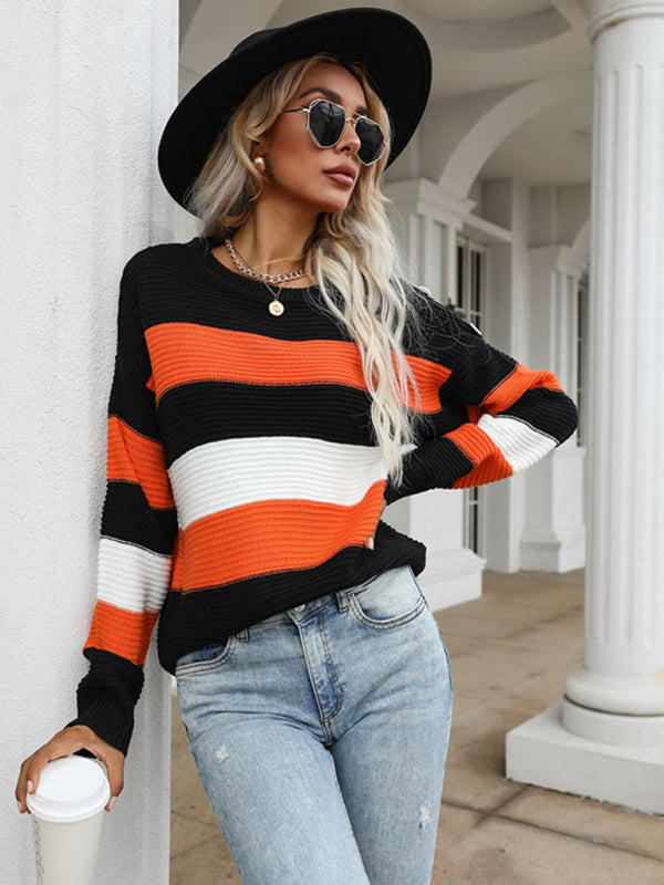 women's thin long sleeve loose striped knitted sweater - Closther