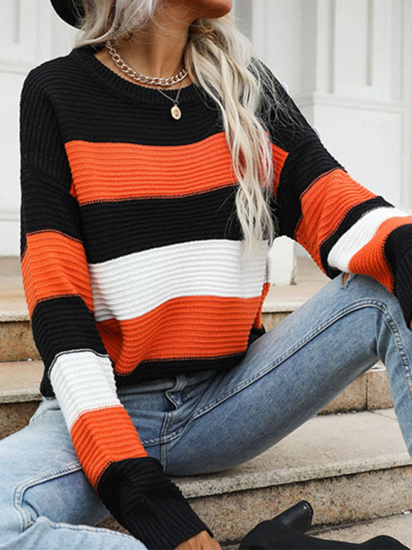 women's thin long sleeve loose striped knitted sweater - Closther