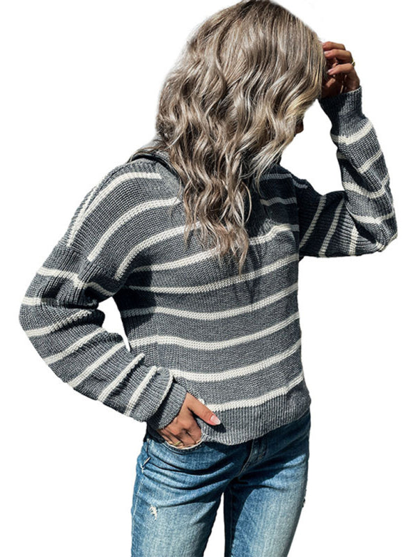 Women's Long Sleeve Lapel Striped Sweater - Closther