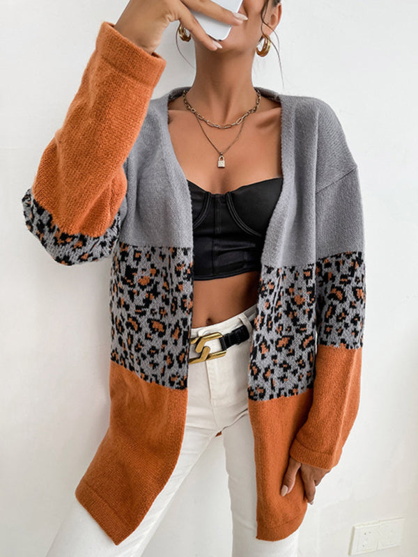 Women's Leopard Contrast Long Sleeve Cardigan Sweater - Closther