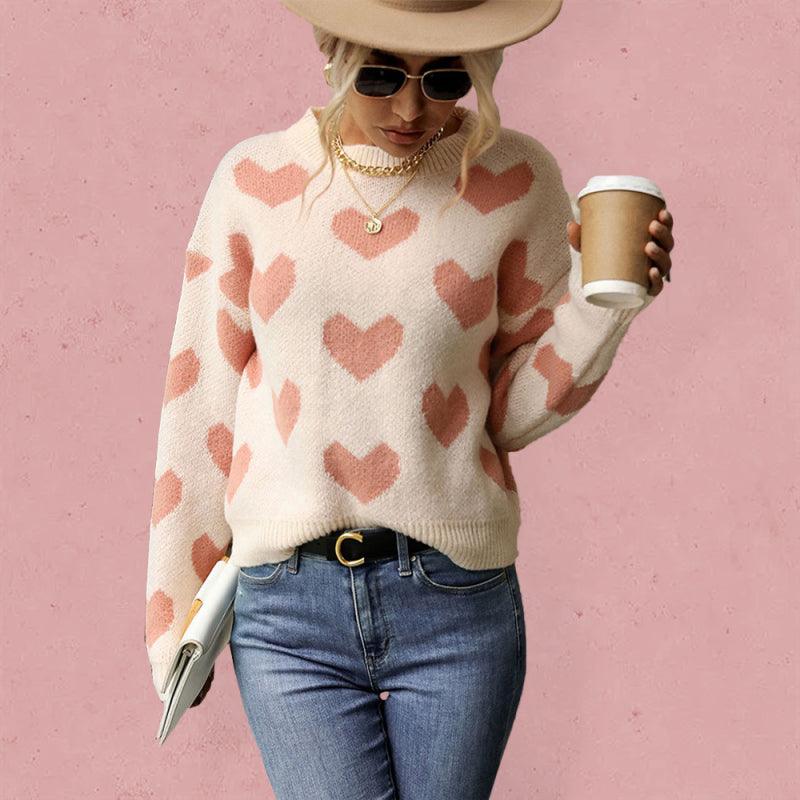 Knit Casual Heart Long Sleeve Pink Sweater - Closther