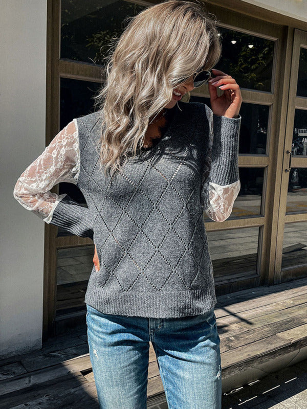 Fashion foreign trade cross-border women's long-sleeved lace stitching sweater - Closther