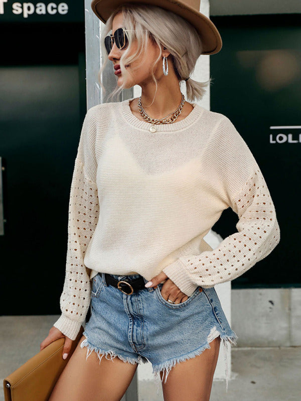 Fashion Thin Cutout Long Sleeve White Knit Sweater - Closther