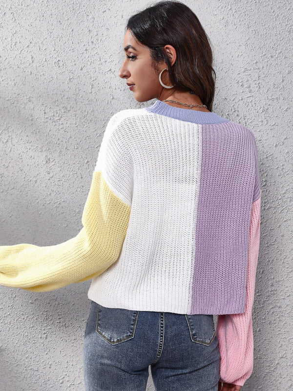 Gilet long décontracté en maille colorblock à manches longues 