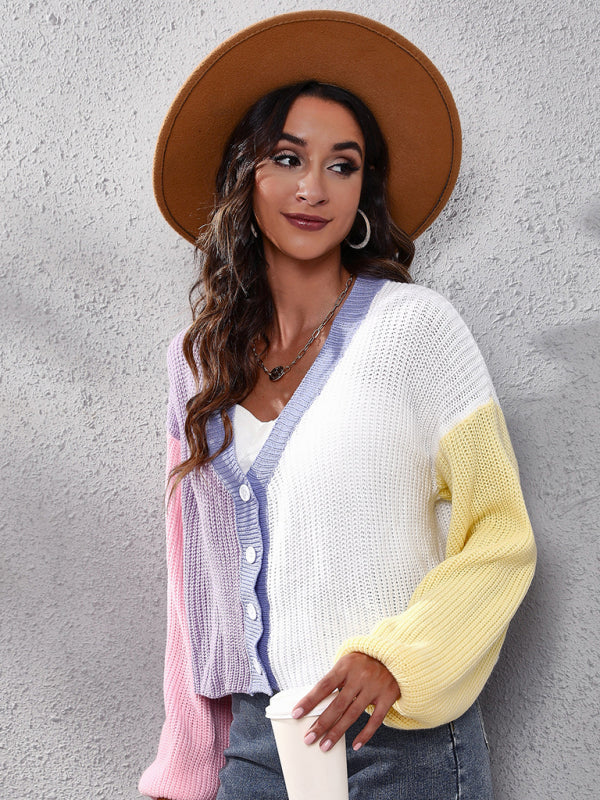 Gilet long décontracté en maille colorblock à manches longues 