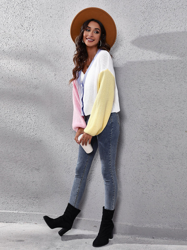 Gilet long décontracté en maille colorblock à manches longues 