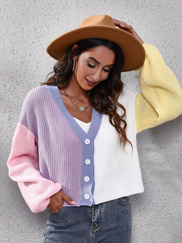 Gilet long décontracté en maille colorblock à manches longues 