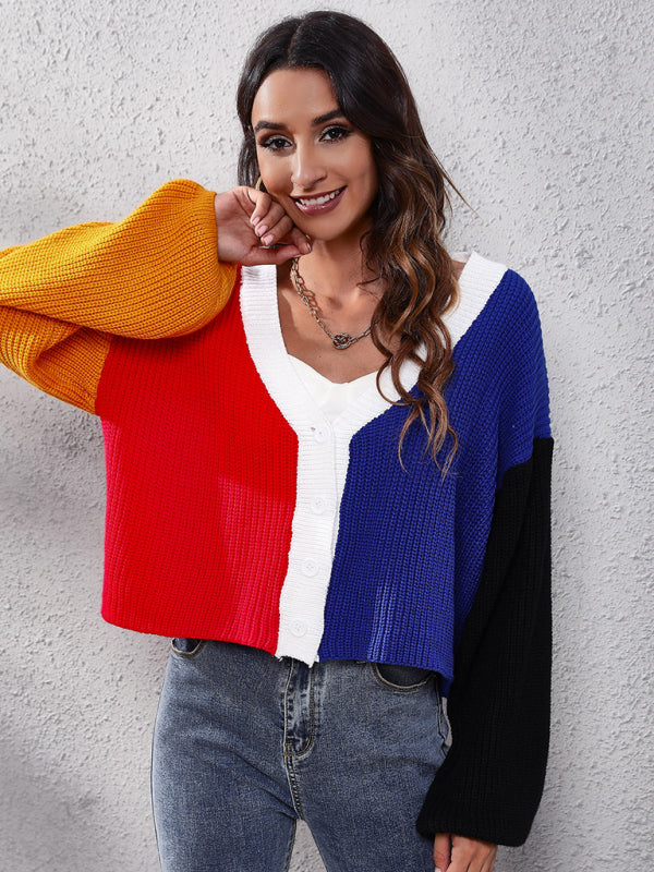 Gilet long décontracté en maille colorblock à manches longues 