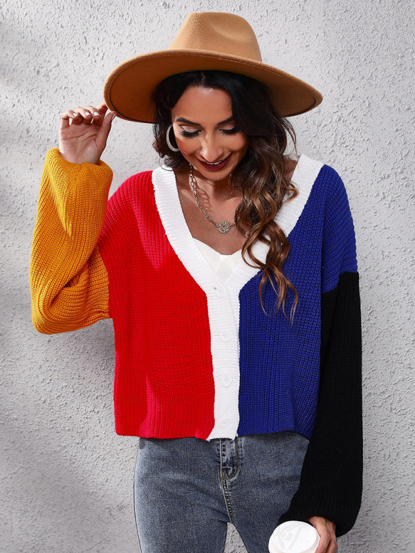 Gilet long décontracté en maille colorblock à manches longues 