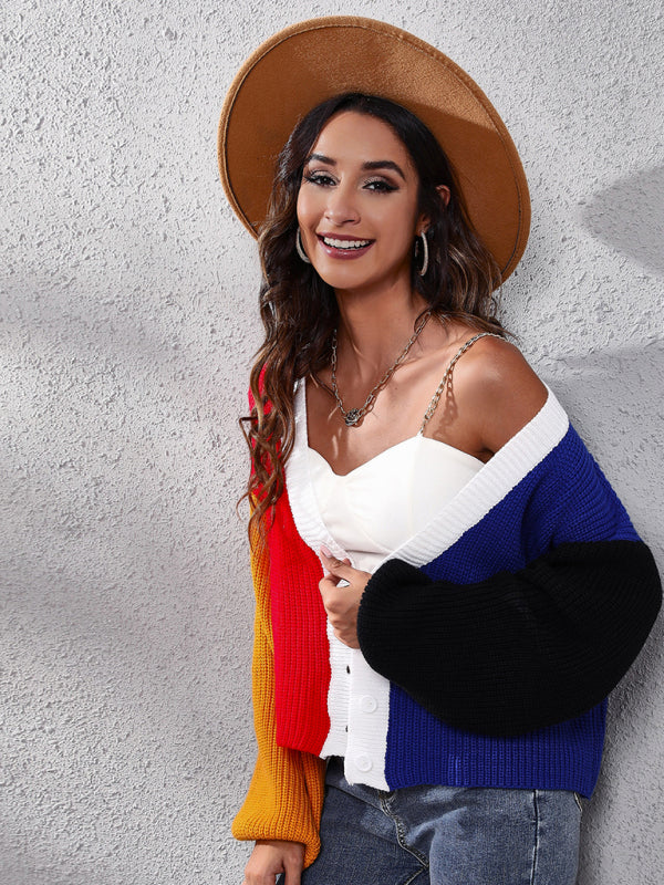 Gilet long décontracté en maille colorblock à manches longues 