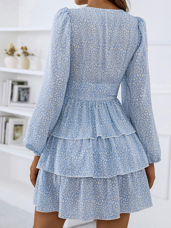 Woman'S Spring And Autumn New Cake Skirt V-Neck Waist Puff Sleeve Polka Dot Print Dress - Closther