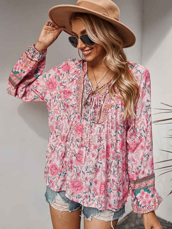 Women's Lace Up Romantic Holiday Print Top - Closther