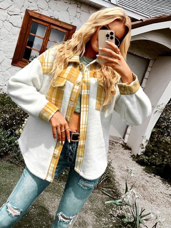 Women's Plaid Panel Fleece Long Sleeve Jacket - Closther