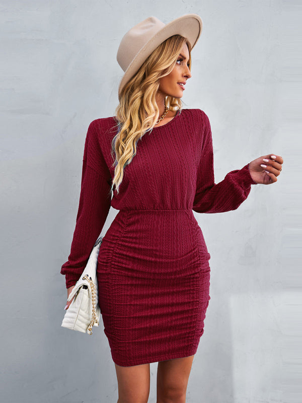 Women's Solid Color Round Neck Drop Shoulder Sleeve Dress - Closther