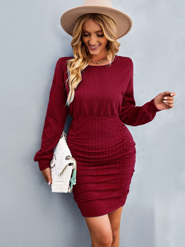 Women's Solid Color Round Neck Drop Shoulder Sleeve Dress - Closther