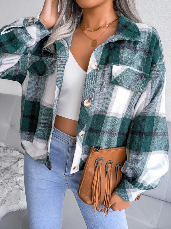 Women's Plaid lantern long sleeve woolen coat - Closther