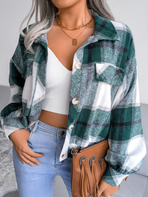 Women's Plaid lantern long sleeve woolen coat - Closther