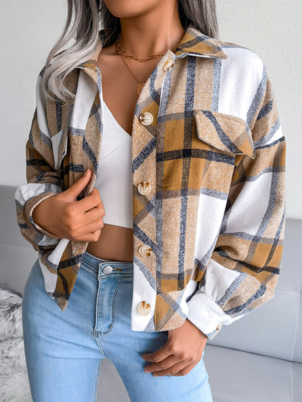 Women's Plaid lantern long sleeve woolen coat - Closther