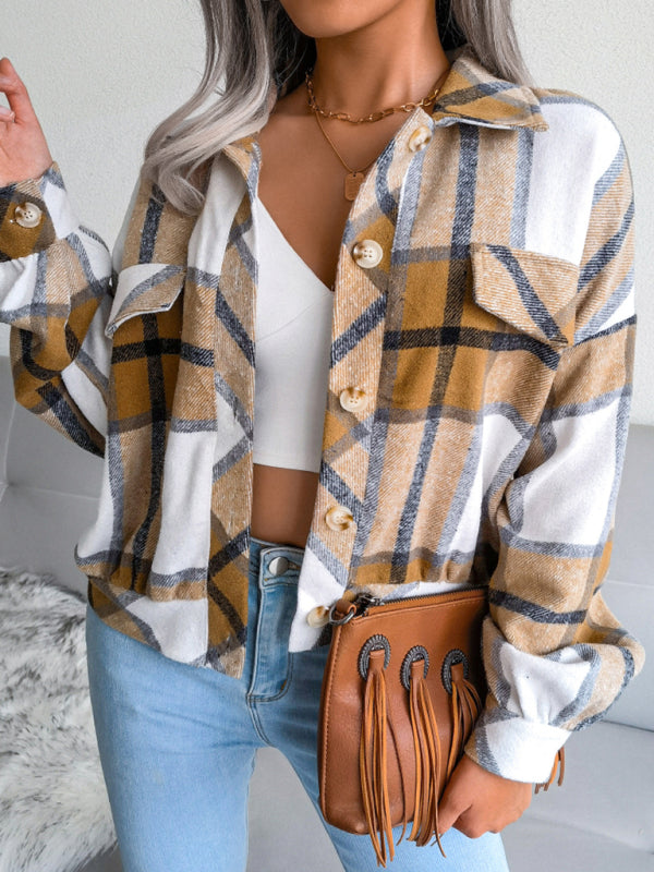 Women's Plaid lantern long sleeve woolen coat - Closther