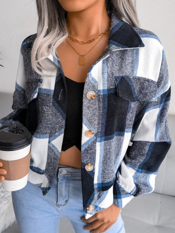 Women's Plaid lantern long sleeve woolen coat - Closther