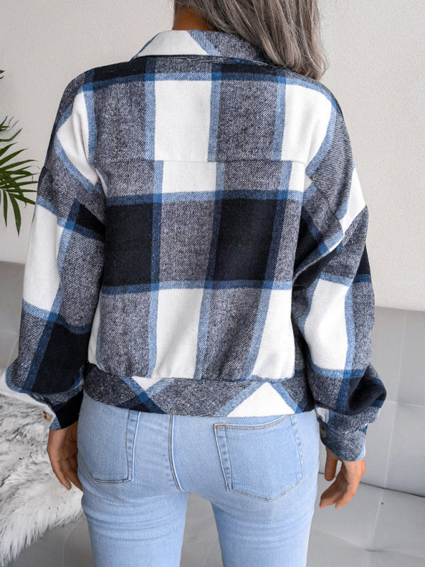 Women's Plaid lantern long sleeve woolen coat - Closther