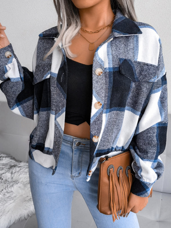 Women's Plaid lantern long sleeve woolen coat - Closther