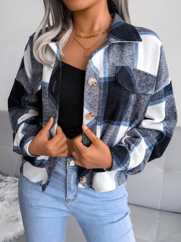 Women's Plaid lantern long sleeve woolen coat - Closther