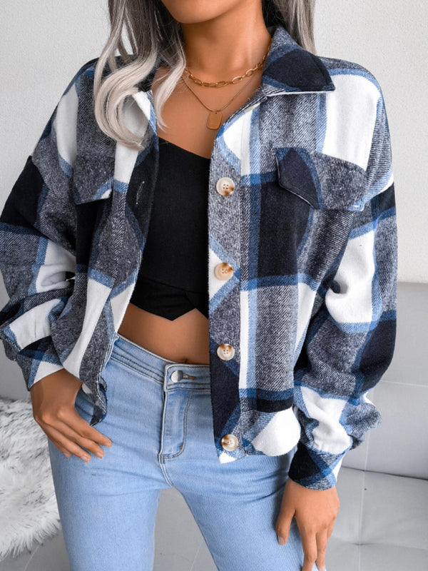 Women's Plaid lantern long sleeve woolen coat - Closther