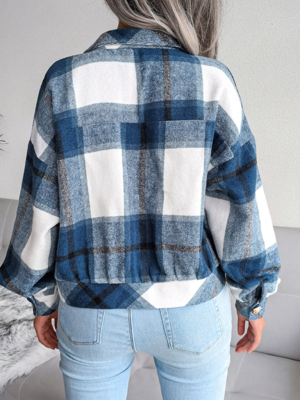 Women's Plaid lantern long sleeve woolen coat - Closther