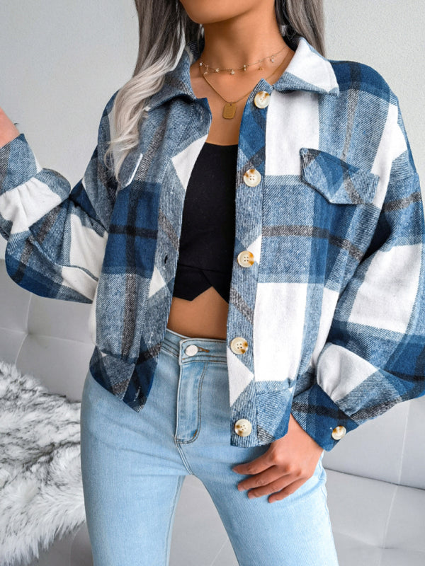 Women's Plaid lantern long sleeve woolen coat - Closther