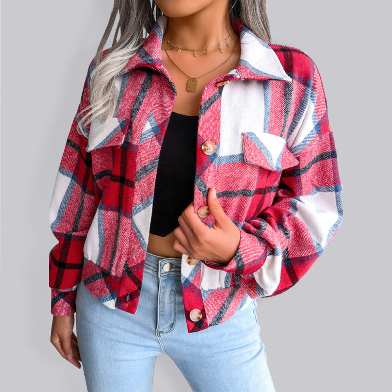 Women's Plaid lantern long sleeve woolen coat - Closther