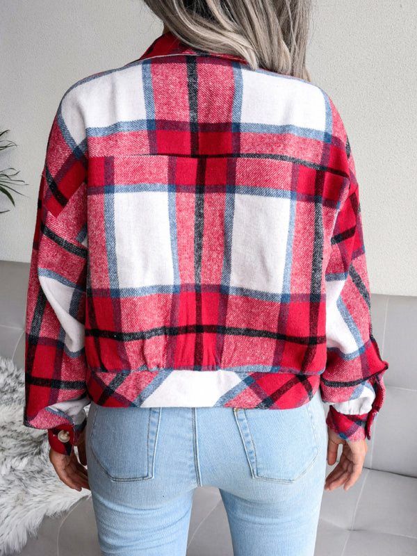 Women's Plaid lantern long sleeve woolen coat - Closther