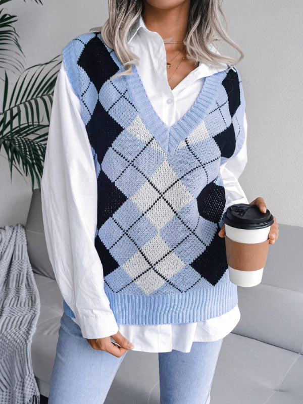 Women's diamond V-neck casual loose knit vest sweater - Closther