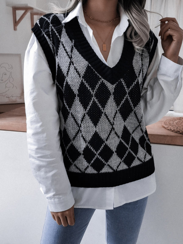 Women's diamond V-neck casual loose knit vest sweater - Closther